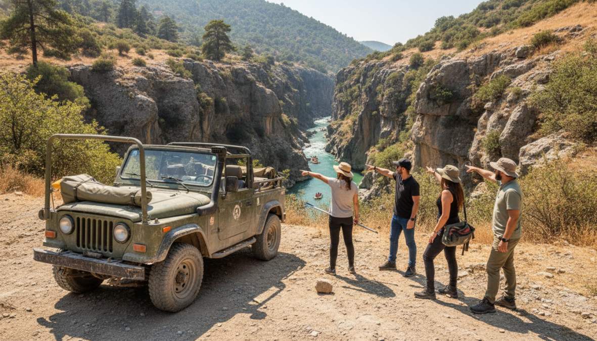 Jeep safari aracında turist grubu Saklıkent Kanyonu'nda, dere kenarında eğlenirken su savaşları oynarken