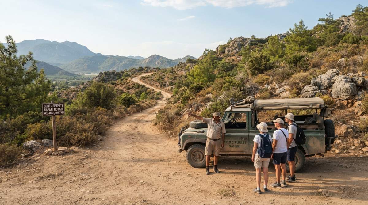 Jeep safari araçlarının toprak yolda ilerlemesi, arka planda Fethiye'nin dağlık ve yeşil doğası, güneşli bir günde manzara