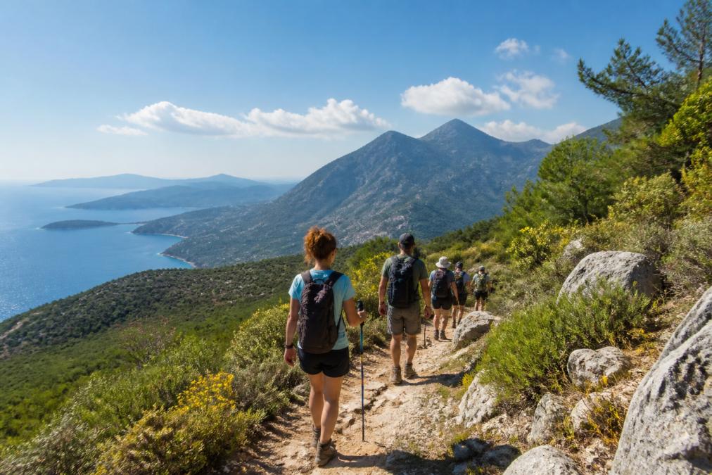 Likya Yolu üzerinde yürüyüş yapan turist grubu, arka planda dağ ve deniz manzarası, güneşli bir gün, taş patika ve akdeniz bitkileri