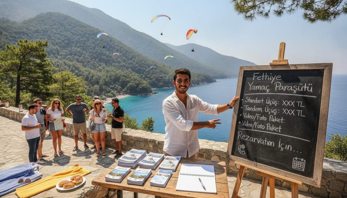 İki kişilik tandem yamaç paraşütü, Ölüdeniz'in turkuaz mavi suları ve yeşil dağlar arka planda güneşli bir günde, paraşütçüler havada süzülürken