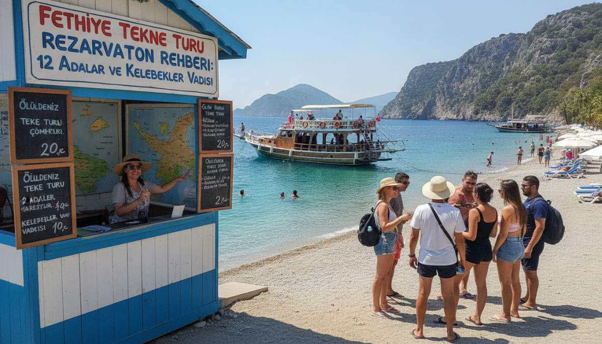 Geleneksel Türk gulet teknesi, çam ormanlarıyla kaplı kayalık adaların ortasında kristal berraklığında turkuaz bir koyda demirlemiş, etrafında yüzen turistler güneşli bir öğle vaktinde