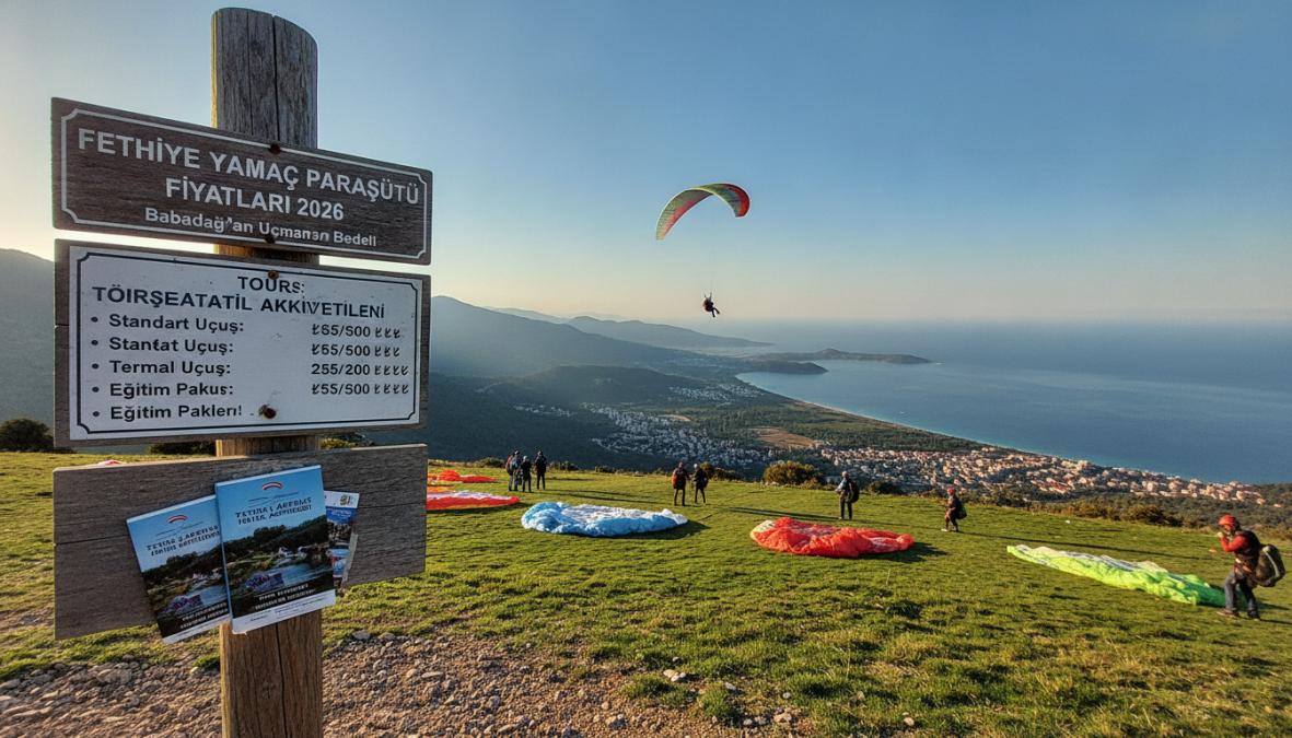 Tandem paraglider soaring above the turquoise Ölüdeniz lagoon on a clear sunny day, with the forested slopes of Babadağ mountain visible below and a white sandy beach in the distance