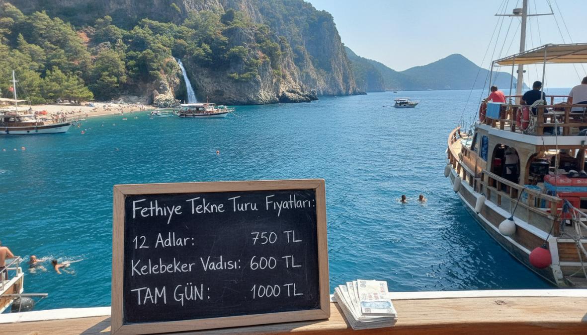 A traditional wooden gulet boat anchored in a crystal-clear turquoise bay near Kelebekler Vadisi, with tourists swimming and snorkeling in the calm water under bright summer sunlight, lush green cliffs surrounding the cove