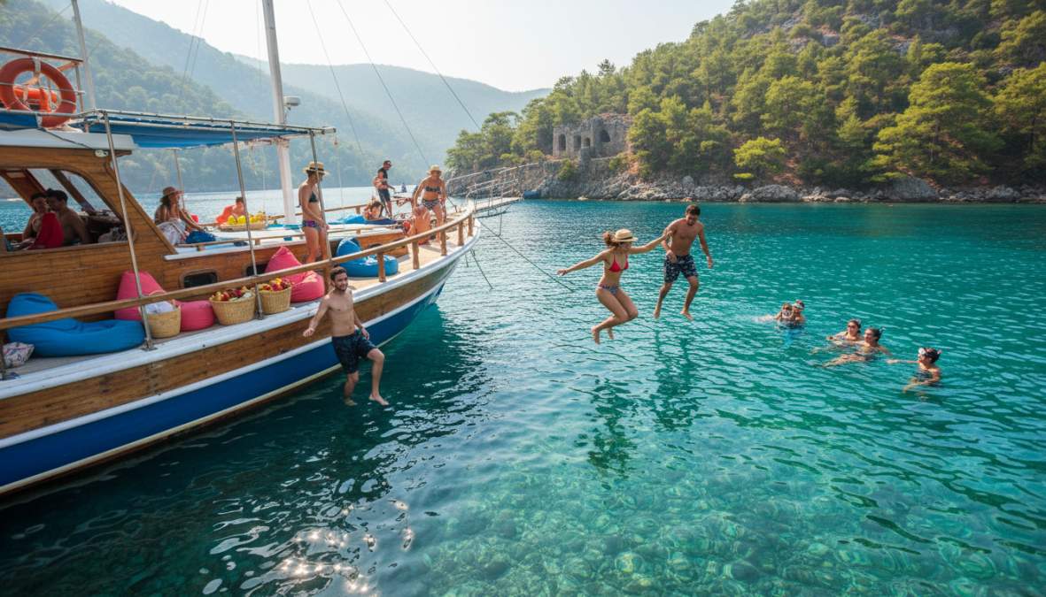 Turkuaz renkli Ölüdeniz lagününde yelken açmış beyaz bir tekne, arka planda yeşil çam ormanlarıyla kaplı dağlar ve açık mavi gökyüzü, güneşli bir yaz öğleden sonrası