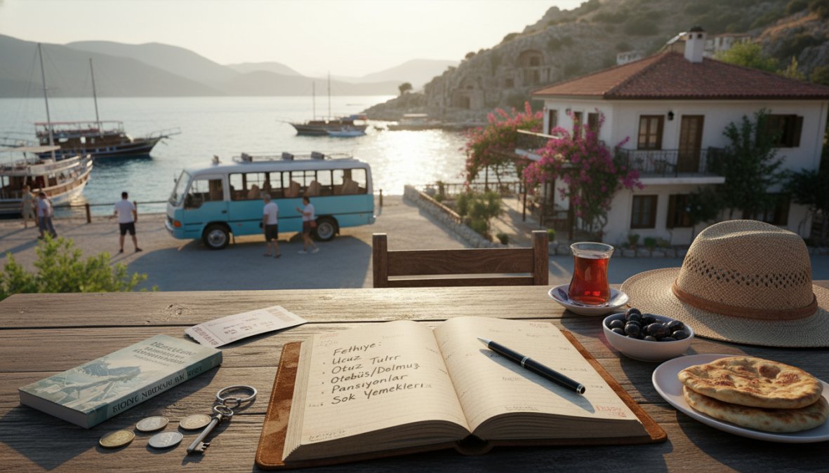 Fethiye kapalı çarşısında renkli taze sebze ve meyve tezgahlarının önünde duran mutlu bir çift, kadın elinde bez çanta tutuyor, sabah güneşi tezgahları aydınlatıyor