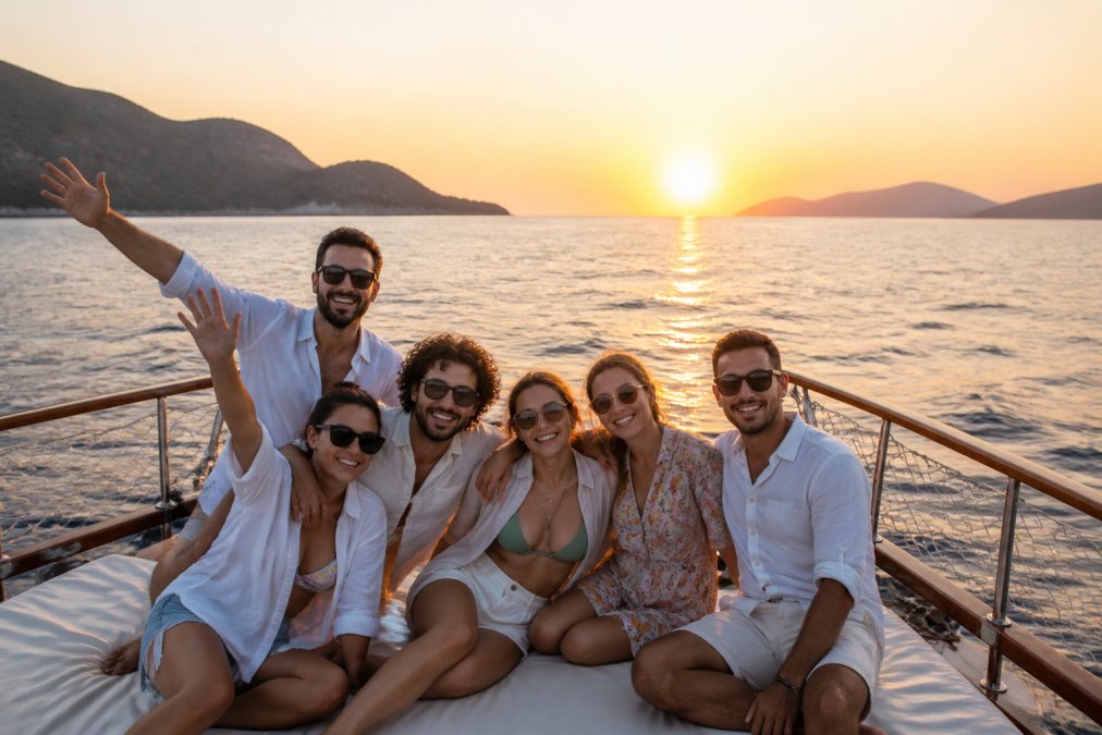 Turist grubu teknede deniz manzarası eşliğinde gülümseyerek poz veriyor, güneş batıyor