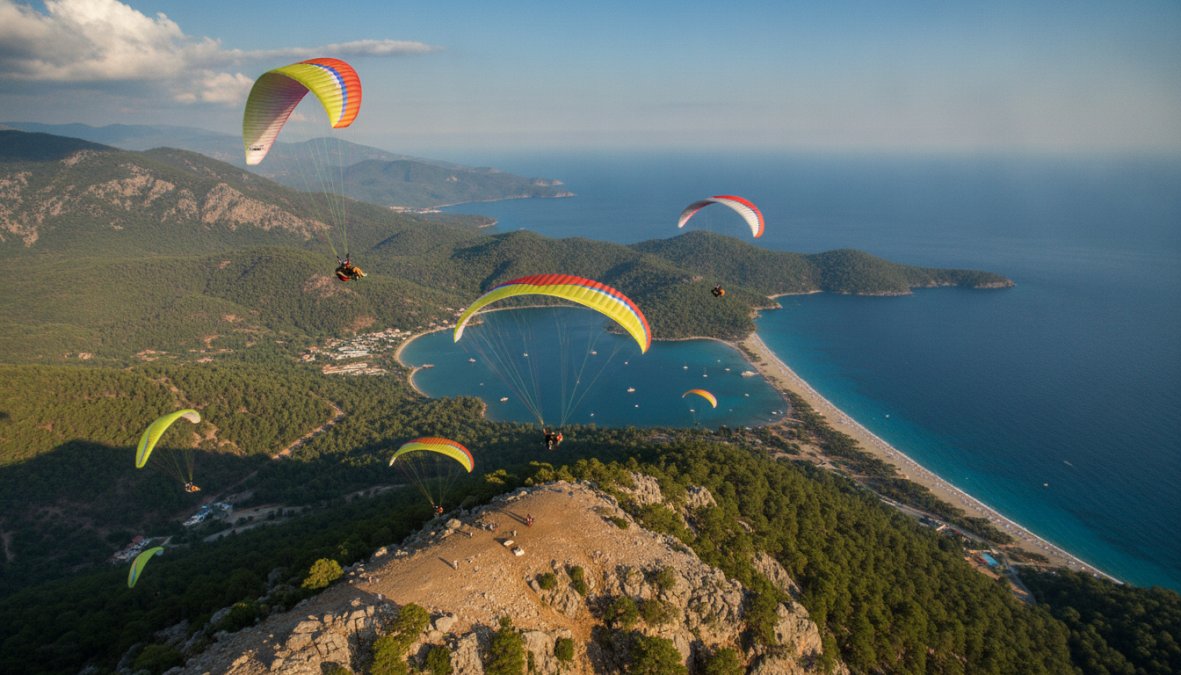 Paraşütçü Ölüdeniz'in turkuaz denizi ve Babadağ dağının üzerinde hava'da paraşüt açmış halde uçuyor, kuşbakışı manzara