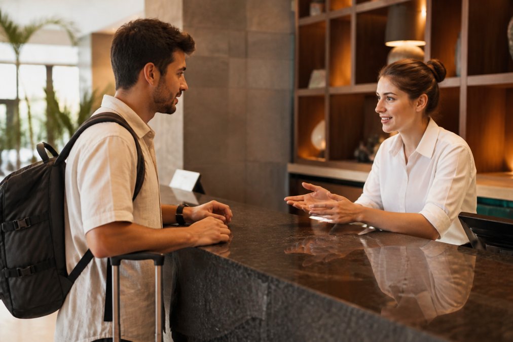 Turist, modern otel lobisinde resepsiyon görevlisine rezervasyon detaylarını soran kişi, parlak aydınlatma altında yakından çekilmiş fotoğraf