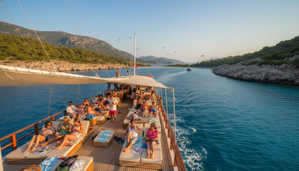Fethiye tekne turu sırasında turkuaz sularda ilerleyen geleneksel ahşap gulet ve güvertede güneşlenen yolcuların manzarası.