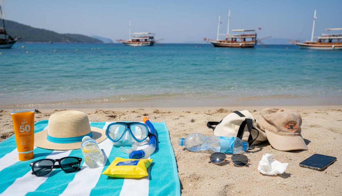 Fethiye tekne turu için hazırlanan güneş kremi, şapka, gözlük ve şnorkel gibi temel eşyaların plaj havlusu üzerindeki görü...