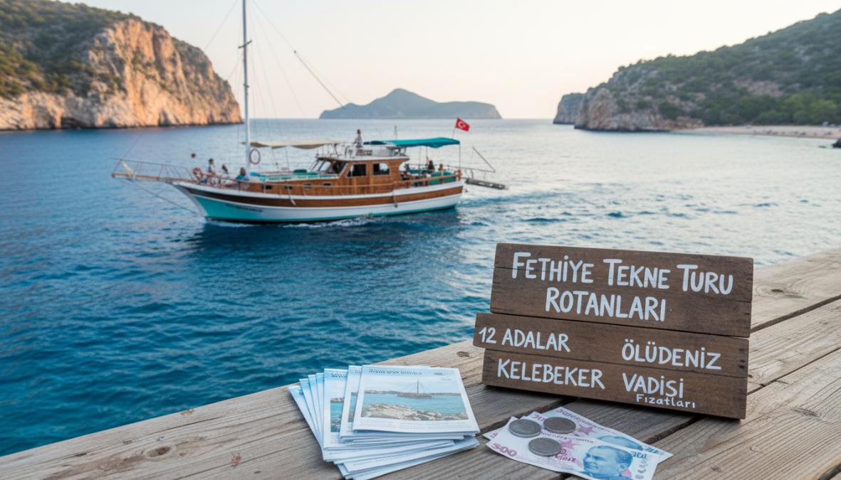 Turkuaz sularda ilerleyen ahşap bir tekne, etrafında kayalık adalar ve yeşil çam ormanlarıyla kaplı koylar, güneşli bir yaz öğleden sonrası Fethiye açıklarında, güverte üzerinde güneşlenen yolcular
