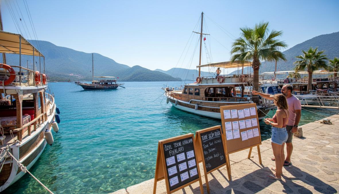 Fethiye merkez limanında demirlemiş ahşap gulet ve modern yatların genel görünümü, renkli tekneler sıra halinde, arka planda yeşil dağlar ve açık mavi gökyüzü, sabah saatlerinde sakin liman atmosferi