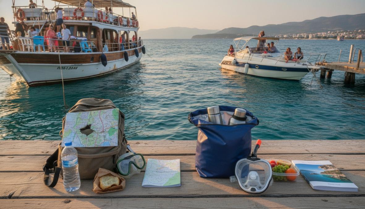Fethiye limanında ahşap rıhtıma yanaşmış farklı büyüklükte tekneler: önde geniş güverteli klasik bir gulet, yanında modern beyaz bir katamaran, arka planda hızlı motorlu tekneler ve güneş ışığında parlayan turkuaz deniz