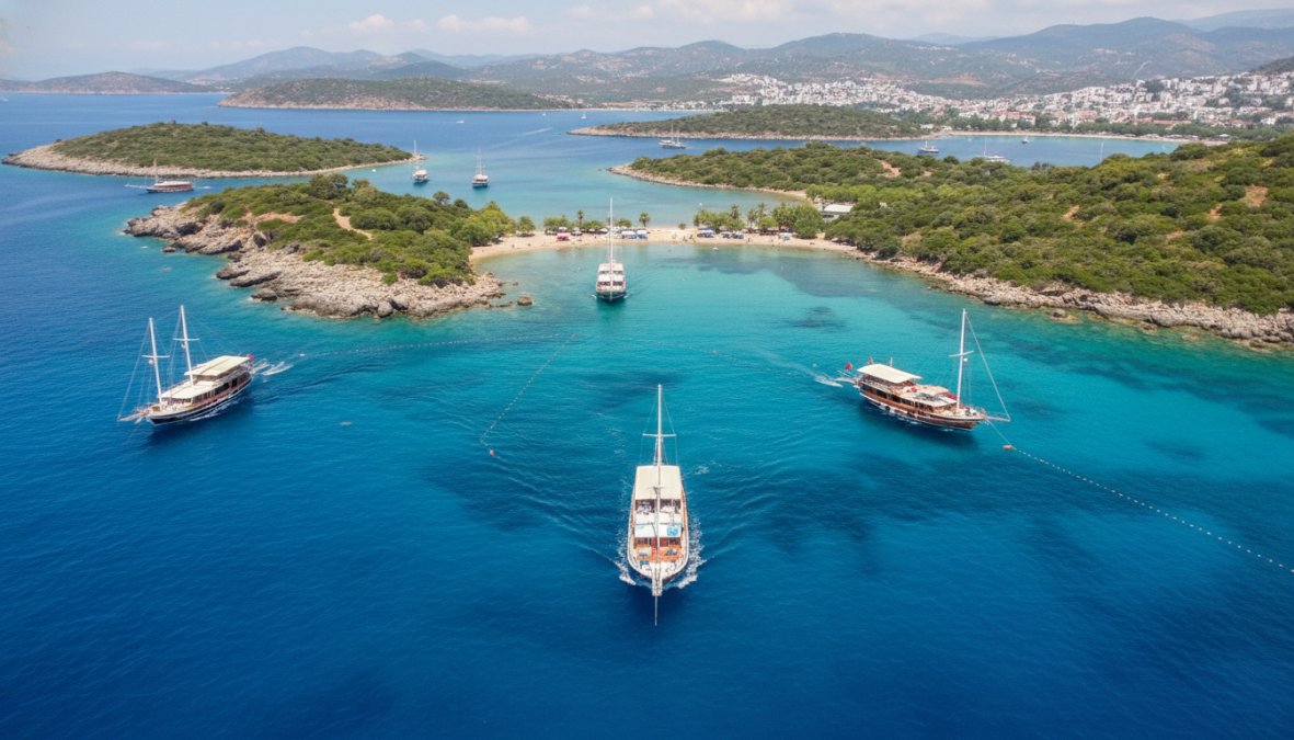 Geleneksel ahşap bir guletin Fethiye açıklarında turkuaz sularda ilerlediği, etrafında yeşil adalar ve kayalık koyların göründüğü güneşli bir günde çekilmiş hava fotoğrafı