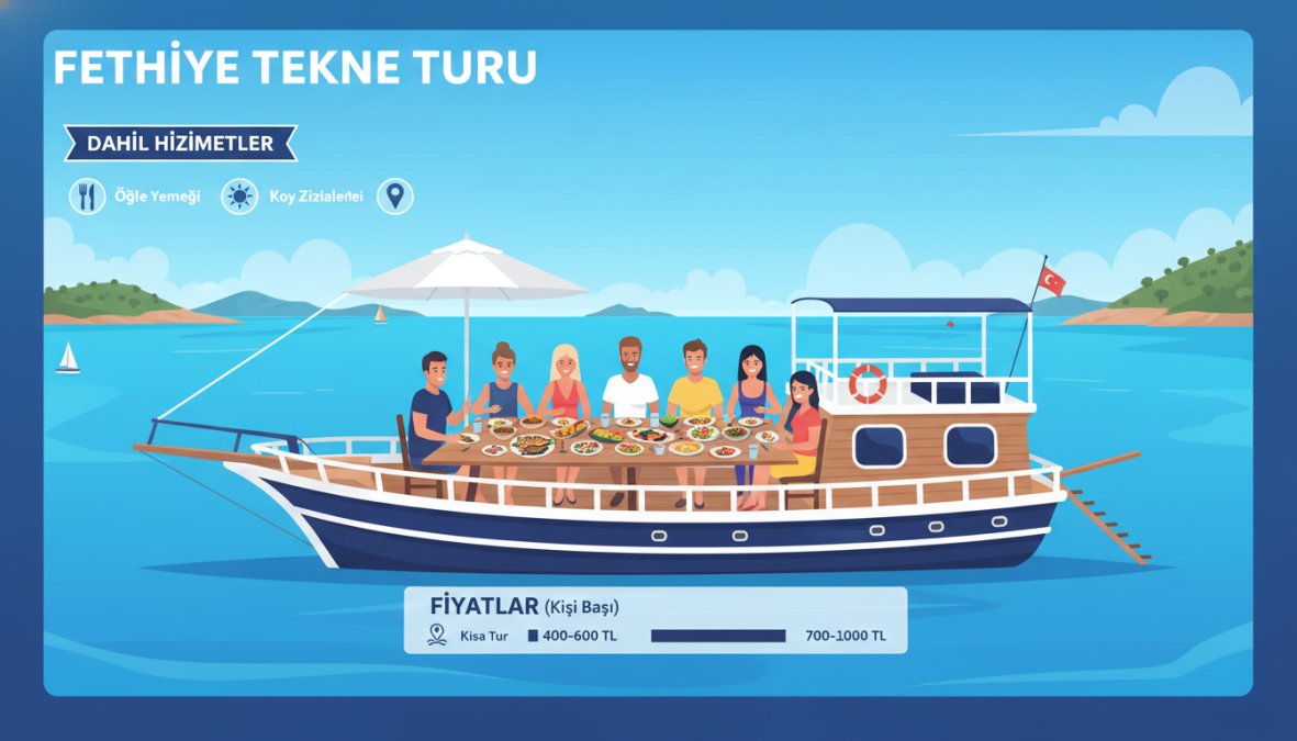 Fethiye açıklarında sakin bir koya demir atmış bir teknede, misafirlerin güvertede yayılmış yemek masası etrafında öğle yemeği yediği, arka planda turkuaz Ege denizinin göründüğü fotoğraf