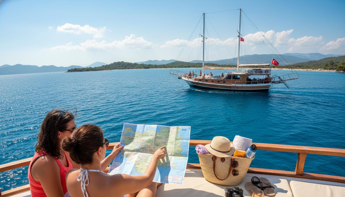 Fethiye koylarından birinde turkuaz-yeşil berrak suda yüzen neşeli tatilciler, arka planda beyaz yelkenli tekne ve yoğun çam ormanıyla kaplı kıyı şeridi, güneşli yaz öğle vakti