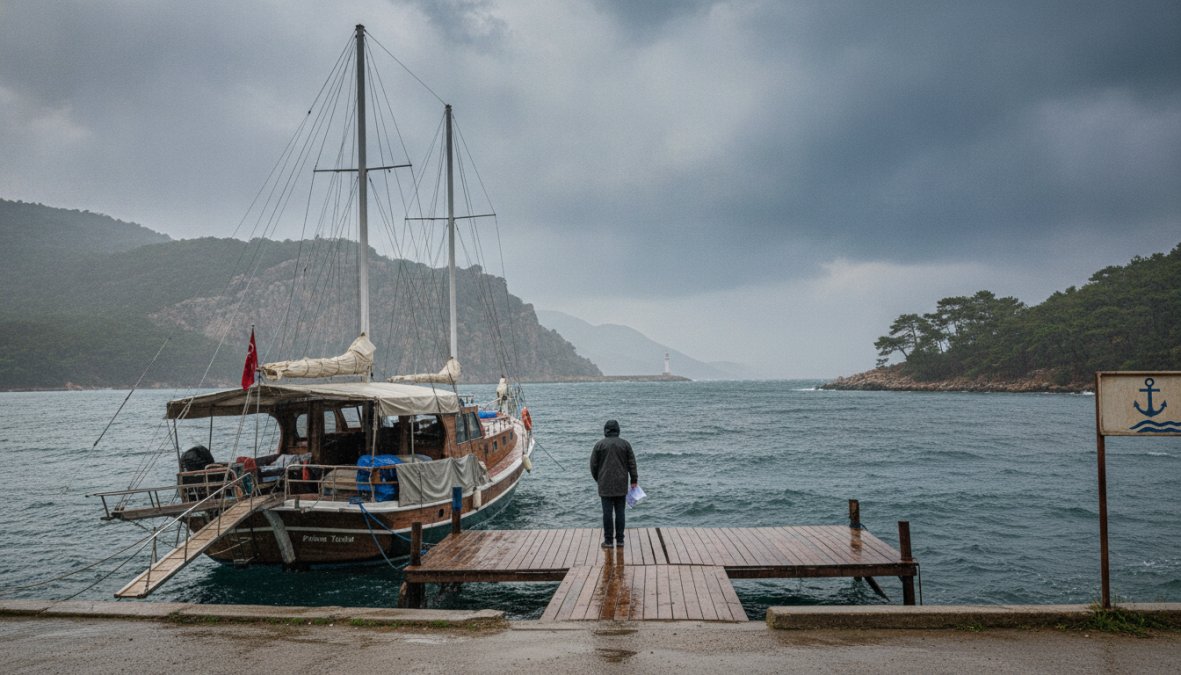 Fethiye'de dalgalı deniz ve kötü hava koşullarında tekneler, fırtınalı gökyüzü ve gri deniz manzarası