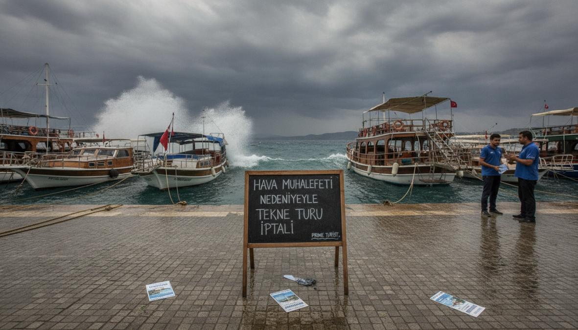 Fethiye'de dalgalı deniz, güçlü rüzgar, bulutlu gökyüzü ve tekne, kötü hava koşullarında seyrüsefer güvenliği
