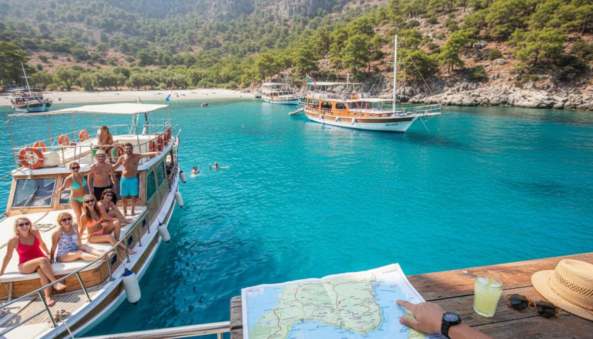 Ölüdeniz’in turkuaz sularında demirlemiş ahşap bir korsan teknesi ve eşsiz koy manzarası eşliğinde Fethiye tekne turu reze...