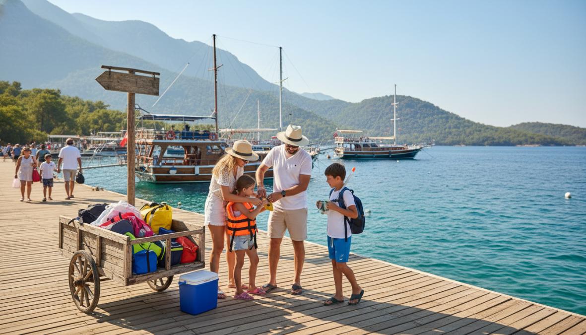 Fethiye tekne turu rezervasyonu nasıl yapılır diye düşünen aileler için teknede keyifle denizi izleyen mutlu bir aile foto...