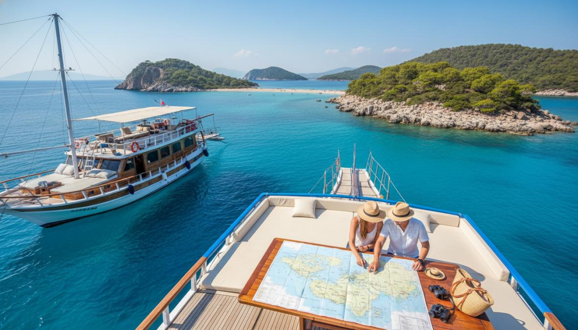 Fethiye tekne turu seçerken dikkat edilmesi gerekenler için turkuaz sularda ilerleyen ahşap gulet ve güneşlenen yolcular