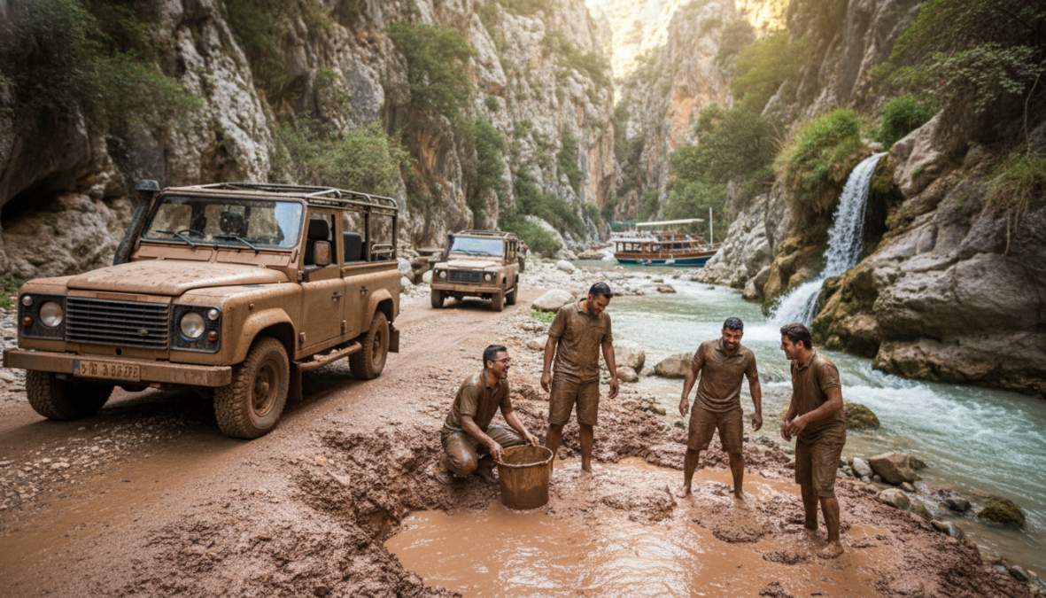 Üstü açık 4x4 Land Rover araçlar konvoy halinde çamurlu toprak yolda ilerliyor, yolcular kollarını kaldırarak gülerek eğleniyor, arka planda kayalık uçurumlar ve kanyon manzarası