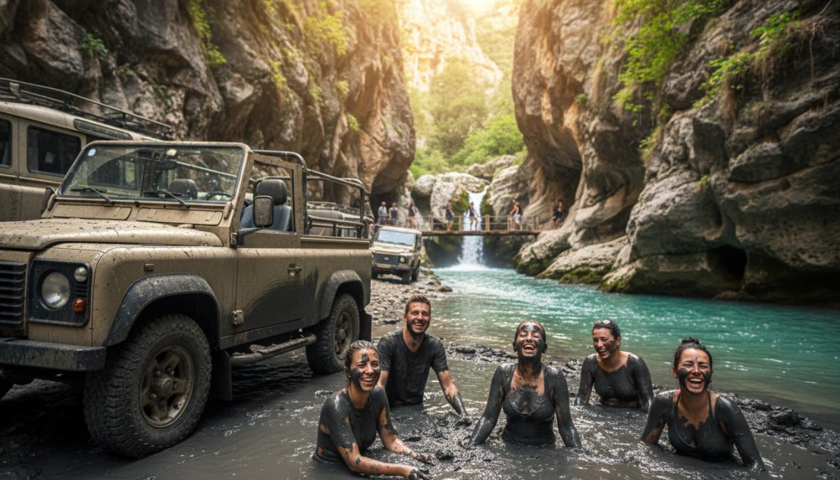 Turkuaz rengi bir koyda demirli ahşap gulet tekne, güvertede güneşlenen turistler şezlonglarda uzanıyor, arka planda çam ağaçlarıyla kaplı yeşil adalar ve açık mavi Ege gökyüzü