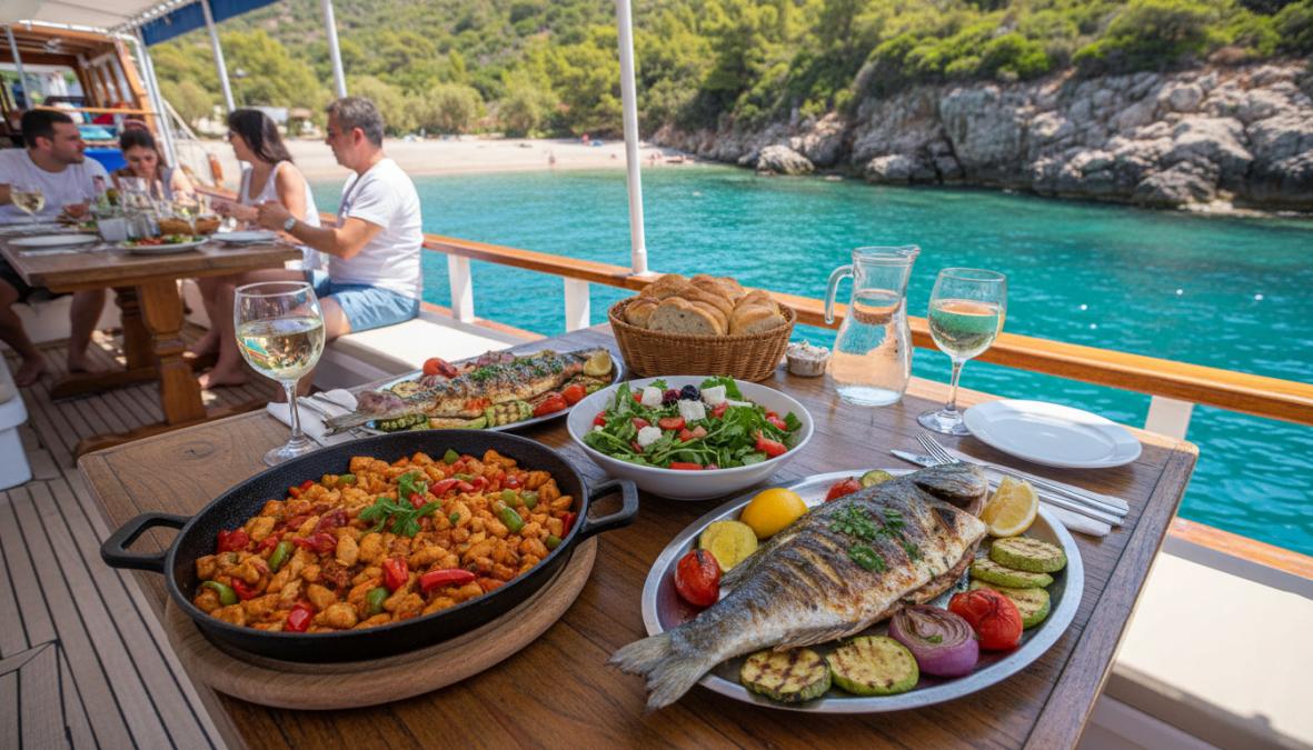 Tekne güvertesinde deniz manzarasına karşı servis edilen Türk mutfağına özgü öğle yemeği tabağı: meze çeşitleri, ızgara tavuk ve taze yeşil salata, açık hava servis masasında beyaz tabaklar ve güneş ışığı