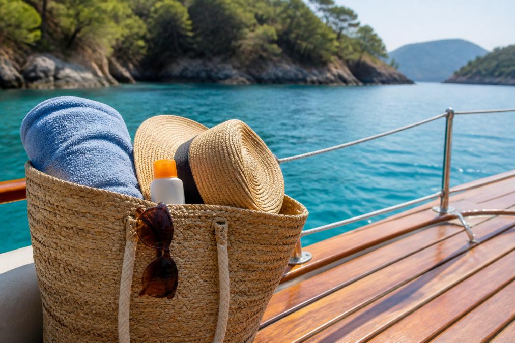 A woven beach bag on a wooden boat deck, containing a rolled towel, sunscreen bottle, sunglasses, and a sun hat, with turquoise sea and pine-covered islands in the background