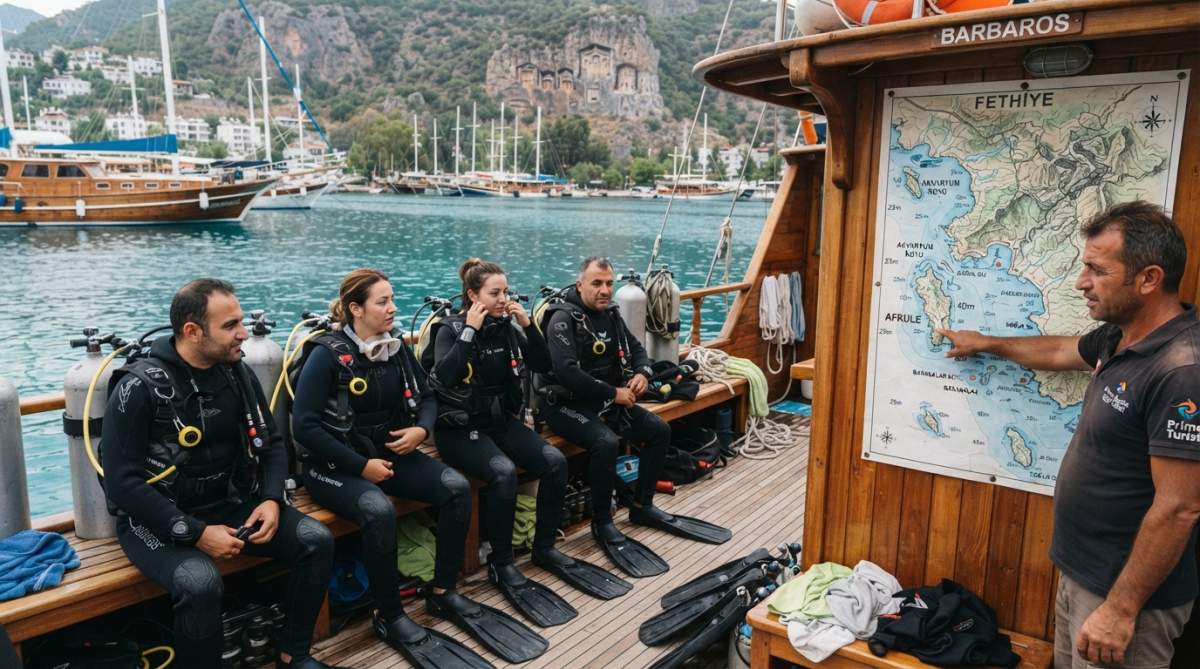 Fethiye'nin turkuaz sularında dalgıçlar dalış yapıyor, mercan resifleri ve renkli balıklar görülüyor, güneşli bir gün, su altı manzarası
