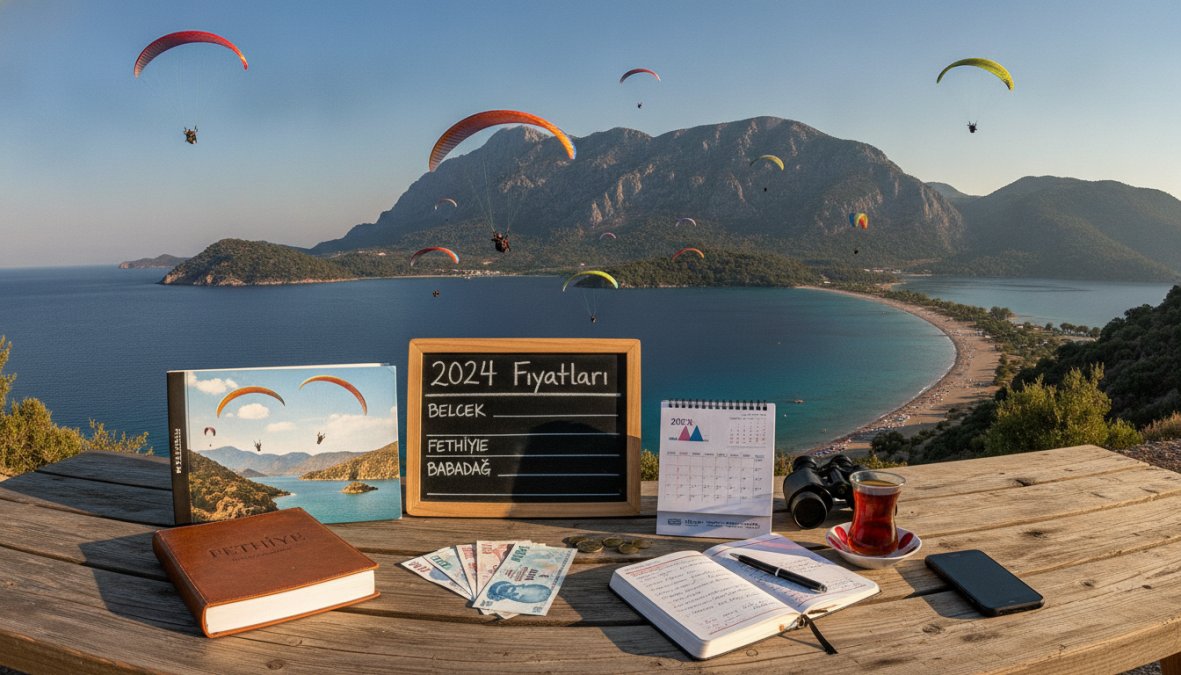 İki kişilik tandem paraşütün Babadağ'dan kalkış yaptıktan sonra Ölüdeniz'in turkuaz suları ve Belcekız plajı üzerinde süzüldüğü geniş açılı fotoğraf; arka planda yeşil dağlar ve açık mavi gökyüzü