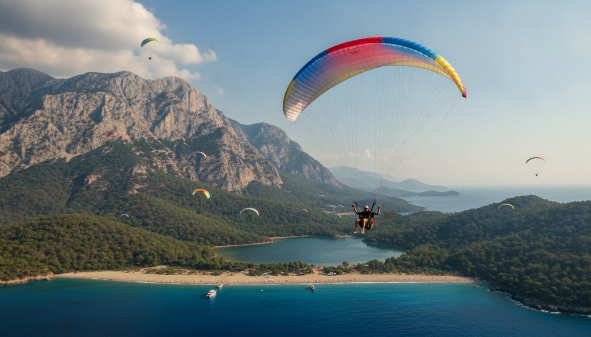 Bir tandem paraşüt pilotu ve turist, Babadağ dağının yeşil yamaçlarından kalkış yaparak Ölüdeniz'in turkuaz suları üzerinde süzülüyor, berrak mavi gökyüzü ve beyaz kumsal arka planda görünüyor
