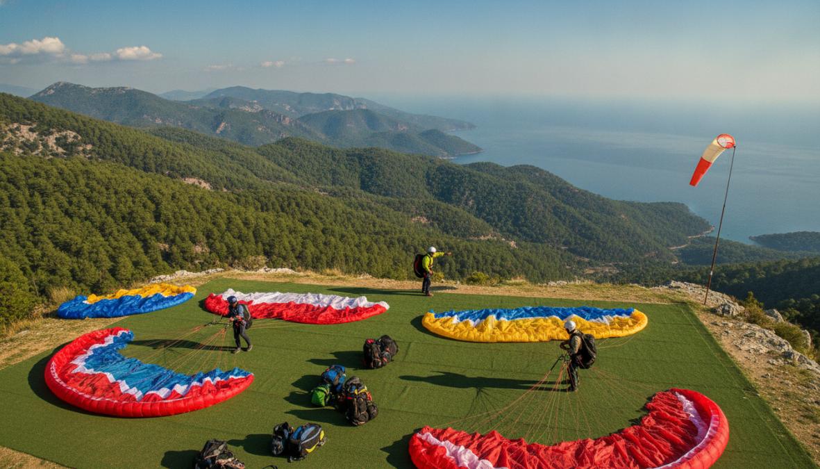Gülümseyen bir pilot, Babadağ kalkış pistinde bir turiste paraşüt koşum takımını ve kaskını takmasına yardım ediyor; arka planda yeşil dağlar ve açık mavi gökyüzü görünüyor, sabah güneşi sahneyi aydınlatıyor