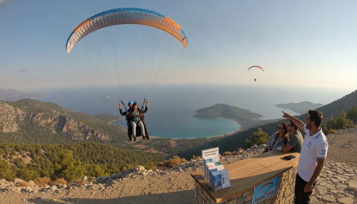 Ölüdeniz'in turkuaz suları ve Babadağ dağı arka planında yamaç paraşütüyle uçan bir pilot ve yolcu, güneşli bir günde, hava kristal berrak ve deniz mavi-yeşil renkte