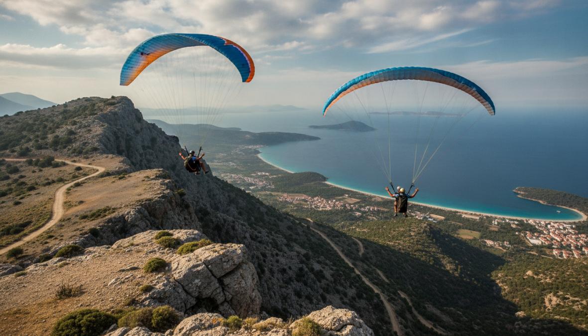 Tandem yamaç paraşütü pilotu ve yolcusu, Babadağ'ın yeşil yamacından havalanarak Ölüdeniz'in turkuaz lagünü üzerinde süzülüyor; güneşli bir öğle vakti, arka planda Fethiye körfezi seçiliyor