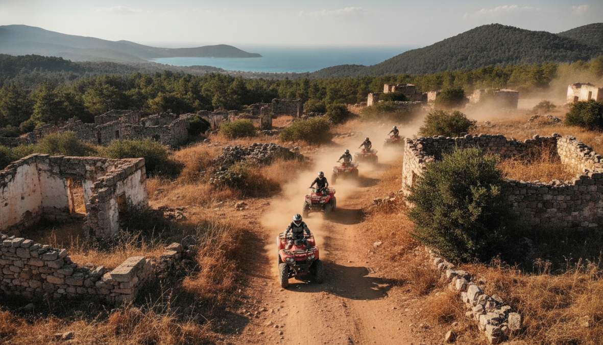 Grup halinde turistler, Kayaköy yakınlarındaki toprak patikada ATV araçlarıyla ilerliyor; kask ve koruyucu ekipman giyiyorlar, araçların arkasından toz bulutu yükseliyor, arka planda çam ormanı ve Fethiye körfezi seçiliyor