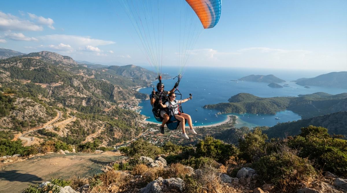 Yamaç paraşütü uçan bir sporcu, arka planda Öl Üdeniz'in berrak turkuaz suları ve Belceğiz Plajı