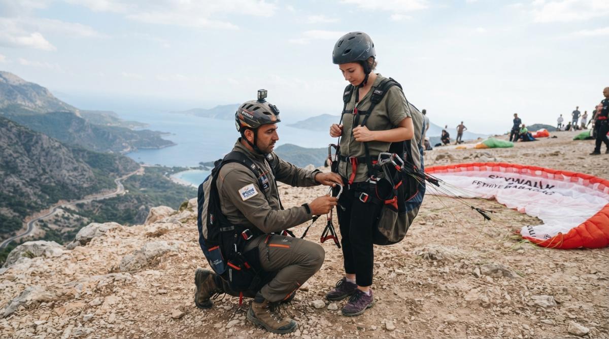 Profesyonel yamaç paraşütü ekipmanının detaylı görünümü, kontrol edilmekte olan paraşüt ve emniyet donanımları, teknik muayene süreci