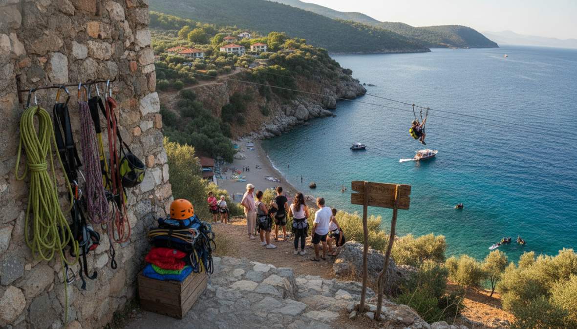 Fethiye'de adrenalin sporları yaş sınırı kurallarına uygun şekilde eğitmen eşliğinde yamaç paraşütü yapan gençler