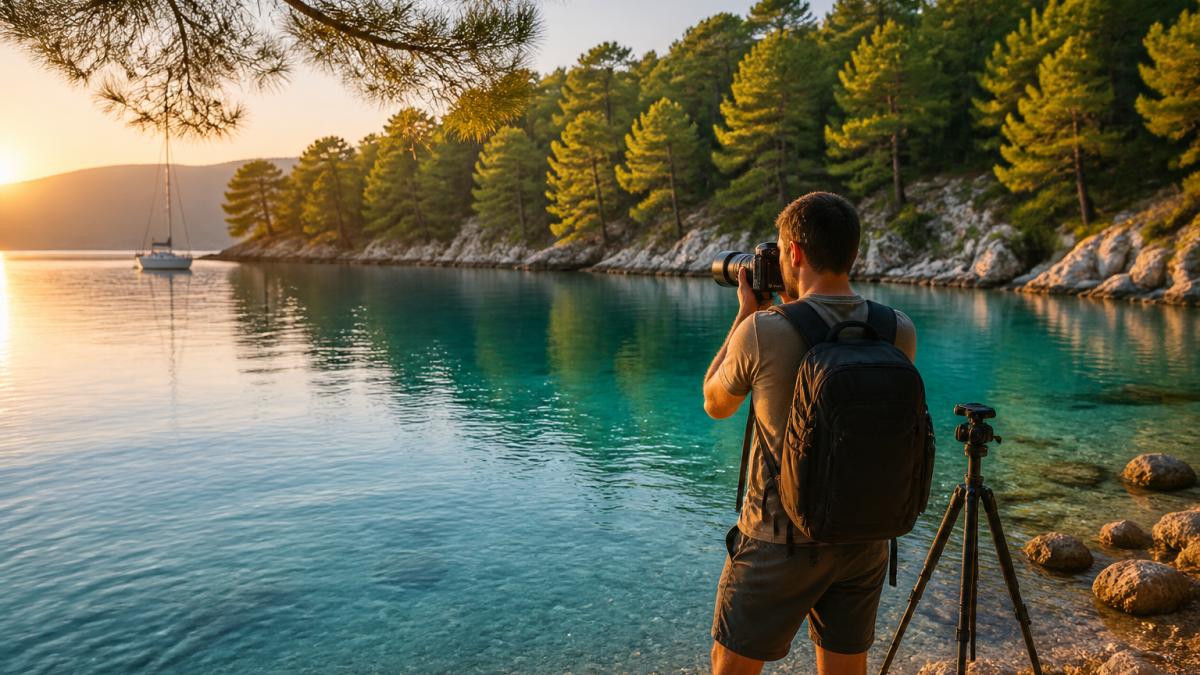 Altın saatte bir koyun turkuaz suyu ve arka plandaki çam ormanına bakan bir fotoğrafçı, elinde kamera, üçayak yanında duruyor; doğal ışık ve yansımalar görünür
