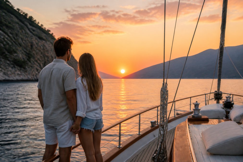 Fethiye koylarında gün batımı sırasında lüks bir guletin güvertesinde el ele tutuşan genç bir çift, arka planda turuncu ve pembe gökyüzü, sakin deniz