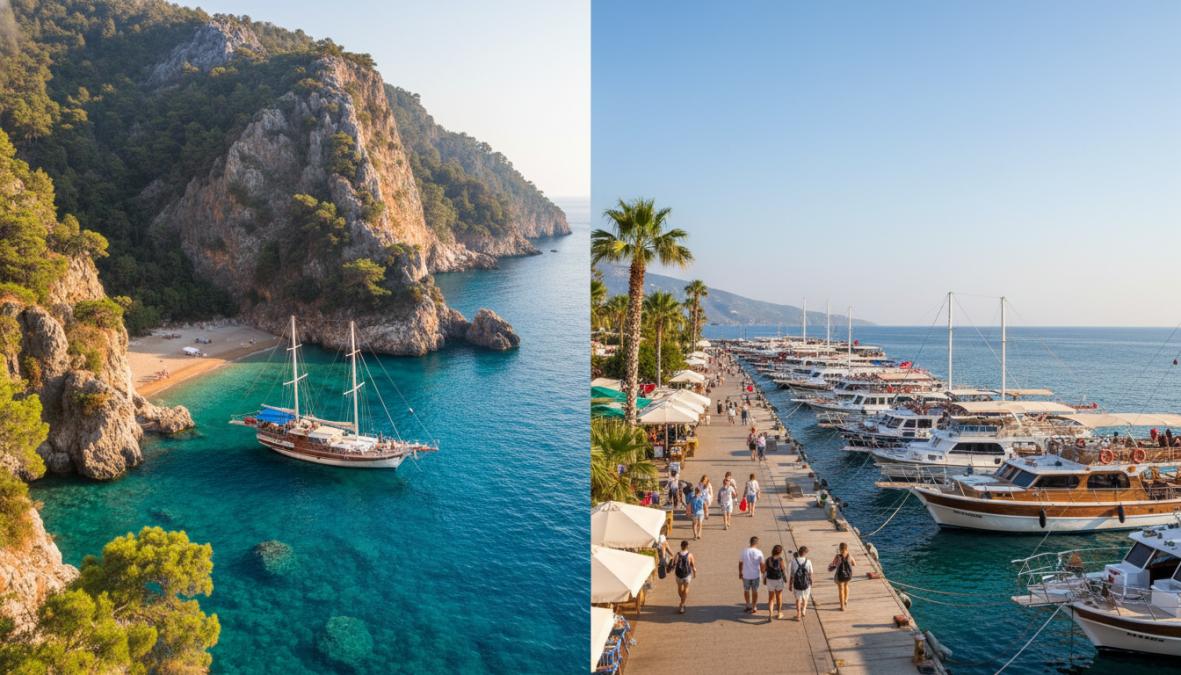 Güneşli bir günde Fethiye limanından hareket eden ahşap bir gulet teknesinin güvertesinde oturan, gülümseyen bir aile grubu; arka planda turkuaz mavi koylar ve yeşil çam ormanlarıyla kaplı kıyılar görünüyor