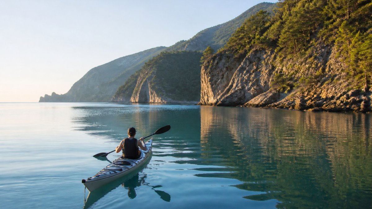 A lone kayaker paddling a sea kayak across a calm, glassy bay surrounded by steep pine-covered cliffs, early morning light reflecting on the still water
