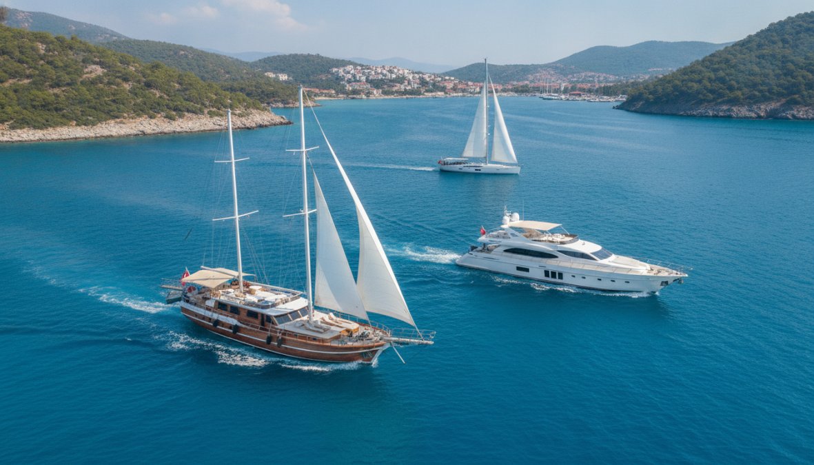 Luxury gulet yacht anchored in turquoise Mediterranean waters with white sails, wooden deck details, and traditional Turkish craftsmanship visible in golden afternoon light