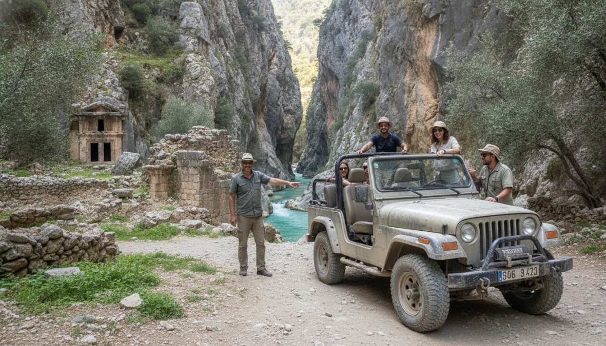 Jeep arabası, kırmızı topraklı dağ yolunda ilerlerken, Saklıkent Kanyonu'nun yüksek kayalık duvarları her iki tarafta görülüyor, arka planda mavi gökyüzü