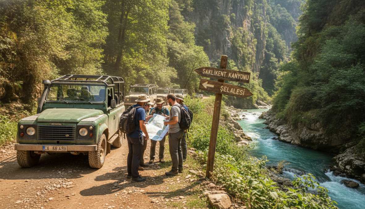 Açık üstü 4x4 Land Rover ile kayalık bir kanyonda ilerleyen turist grubu, arka planda yemyeşil kayalıklar ve berrak gökyüzü, Fethiye Türkiye
