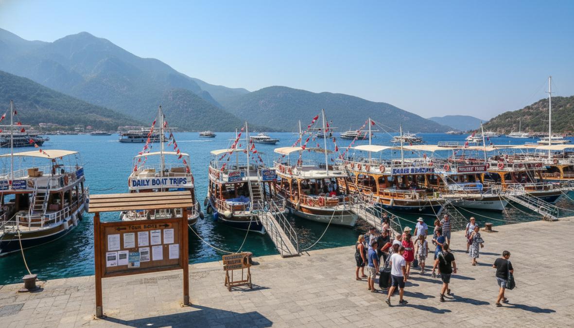 Fethiye limanında güneşli bir sabahta dizili renkli tekneler ve iskelede yürüyen turistler, Fethiye'de tekne turu nereden ...