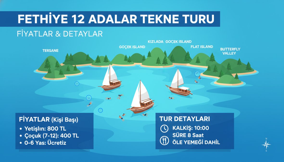 Fethiye 12 Adalar rotasında turkuaz sularda yüzen turistler, ahşap guletler ve fethiye'de tekne turu saatleri ve kalkış ye...