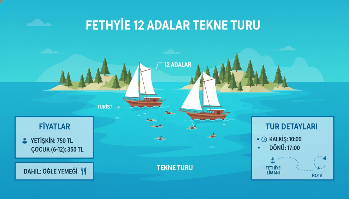 Fethiye 12 Adalar rotasında turkuaz sularda yüzen turistler ve ahşap guletler; fethiye'de tekne turu saatleri ve kalkış ye...