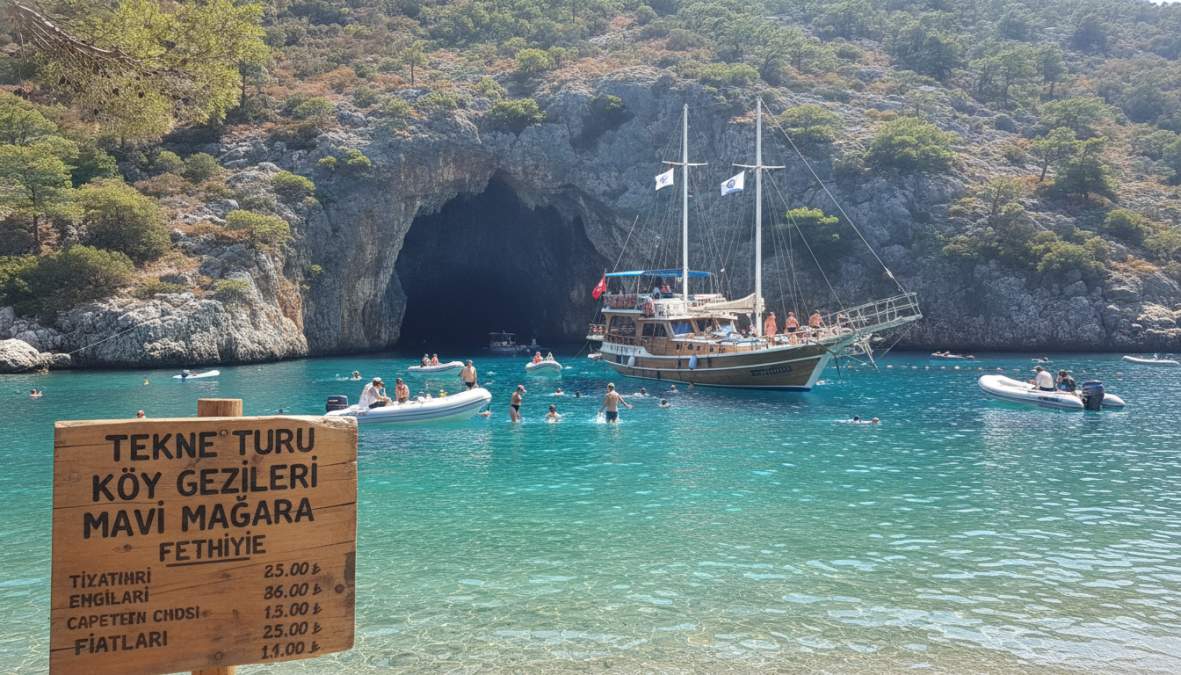 Fethiye'de yapılacak en iyi 10 aktivite kapsamında turkuaz sularda demirlemiş geleneksel ahşap gulet ve çam ağaçlı koy man...